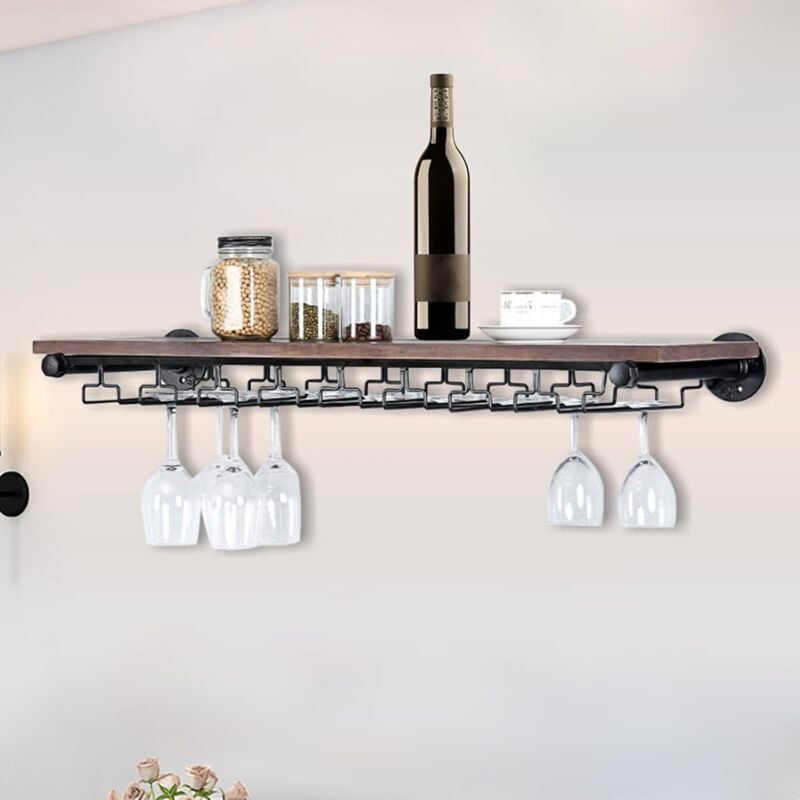 Wandregal für Weingläser mit Fußhalterung - Weingläser - Retro-Display - Wandregal für Weingläser - Flaschenhalter aus Holz + Eisen - Home Display