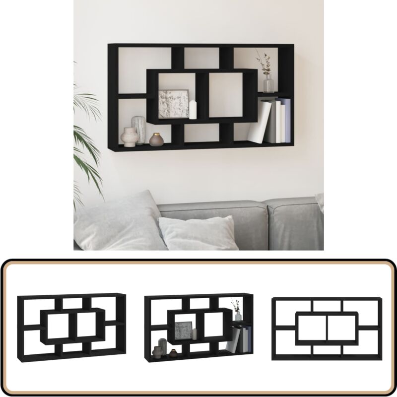 Wandregal mit 8 Fächern Schwarz - Wandregal - Schwarzes Wandregal - Regal Schwarz - Holzwerkstoffregal - Schwebendes Regal