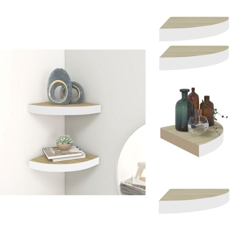 Eck-Wandregal 2 Stk. Eiche und Weiß 25x25x3,8 cm mdf - Eichenholz Möbel - Wandregal - Wandschrank - Wohnraumgestaltung - Aufbewahrungssystem
