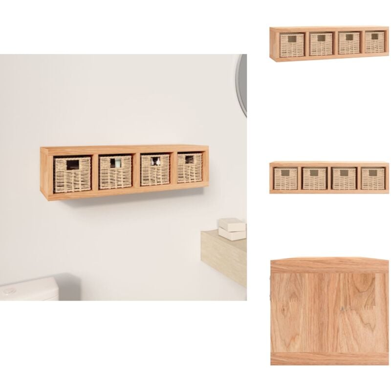 Wandregal mit Körben 62x18x16 cm Massivholz Nussbaum - Holz Regal - Wandregal - Nussbaum Regal - Nussbaum Möbel - Wohnraum Dekoration