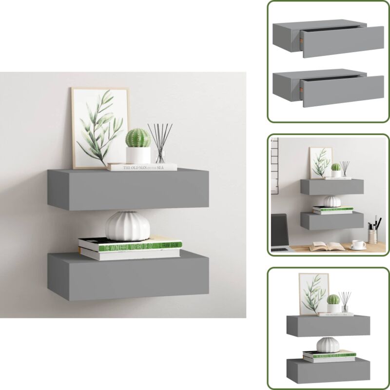 Wandregale mit Schubladen 2 Stk. Grau 40x23,5x10 cm mdf - Wand Regal - Regal Mit Schublade - Grau - Wohnzimmer Möbel - Schlafzimmereinrichtung
