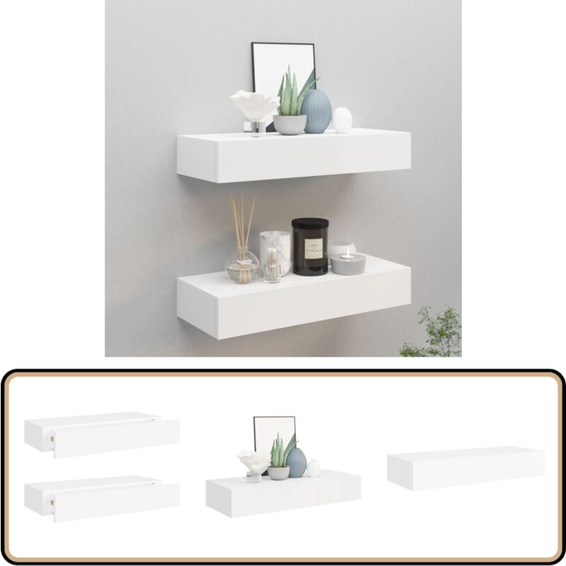 Wandregale mit Schubladen 2 Stk. Weiß 60x23,5x10 cm mdf - Wand Regal - Regal Mit Schublade - Weißes Regal - Möbel Für Wohnzimmer - Nachttisch
