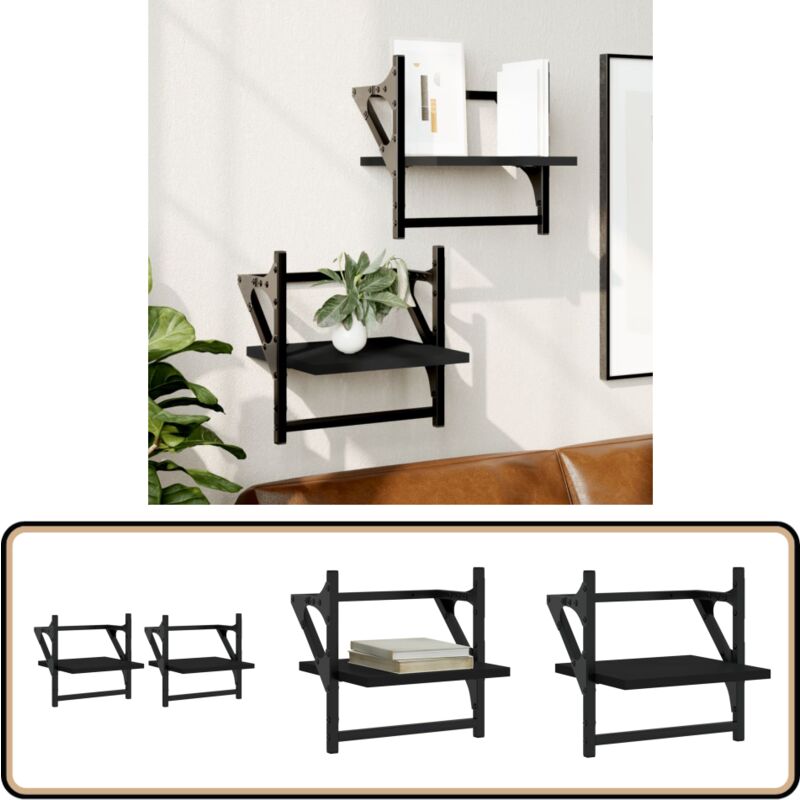 Vidaxl - Wandregale mit Stangen 2 Stk. Schwarz 30x25x30 cm - Wandregal - Schwarzes Wandregal - Regal Schwarz - Holzwerkstoff Regal - Wandmontagesystem
