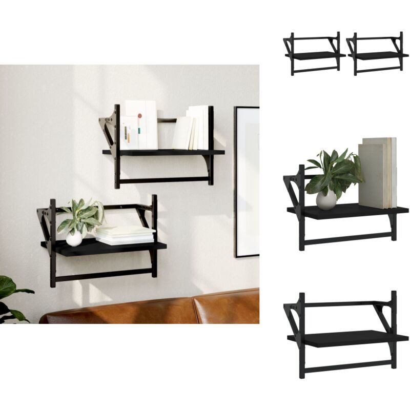 Wandregale mit Stangen 2 Stk. Schwarz 40x25x30 cm - Wandregal - Schwarzes Wandregal - Regal Schwarz - Holzwerkstoff Regal - Metall Regal
