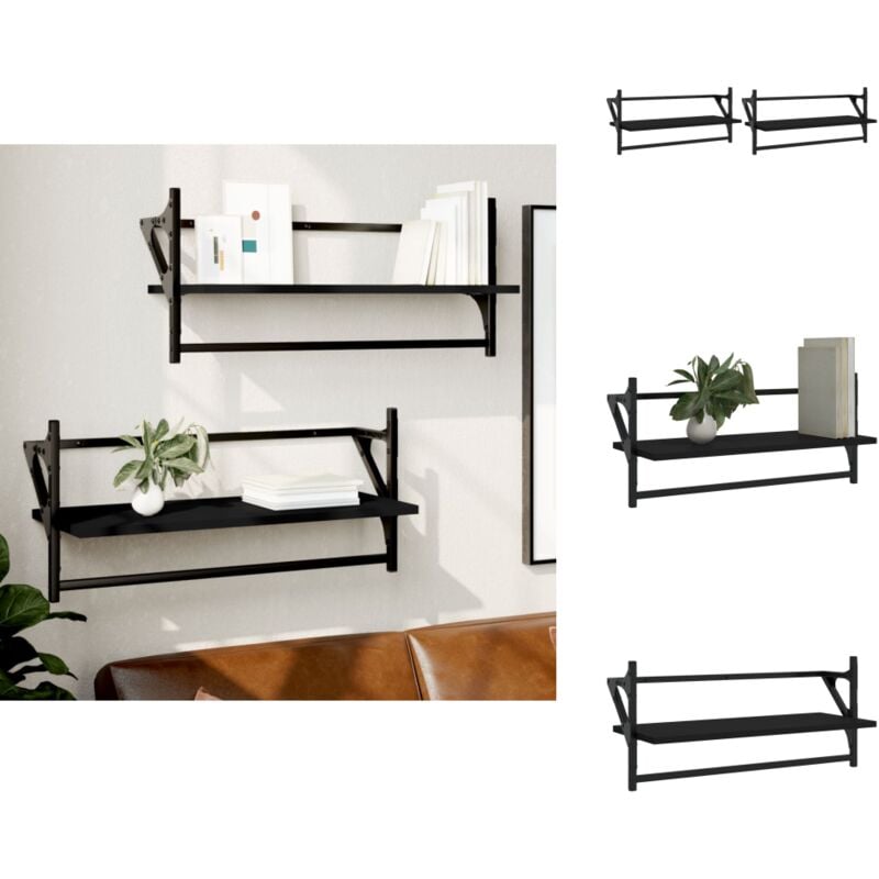 Wandregale mit Stangen 2 Stk. Schwarz 65x25x30 cm - Wandregal - Schwarzes Wandregal - Regal Schwarz - Wohnraumdeko - Möbel Online Kaufen