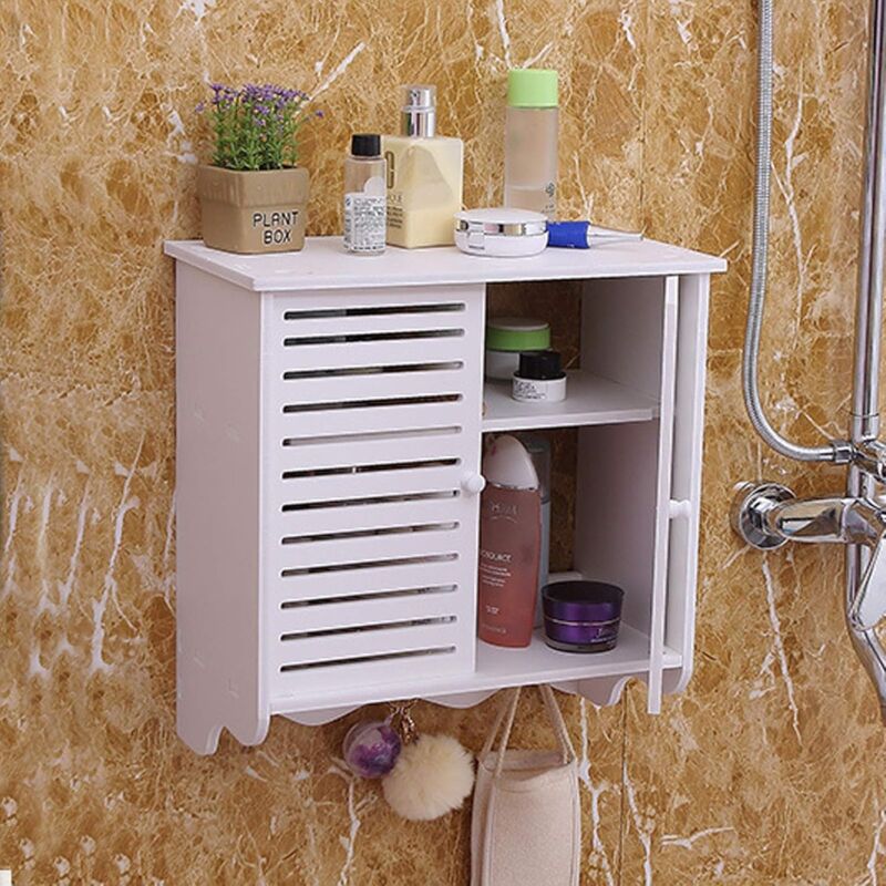 Wandschrank Hängeschrank Badezimmerschrank 2 Fächer Badschrank Wandmontage mit Türen und 3 Haken, Weiß