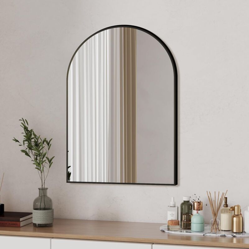 Wandspiegel Schwarz 50x70cm Schwarz Spiegel Rundbogen mit Metall Rahmen Badezimmer Spiegel Schwarz Dekorative Spiegel für Badezimmer, Waschräume,