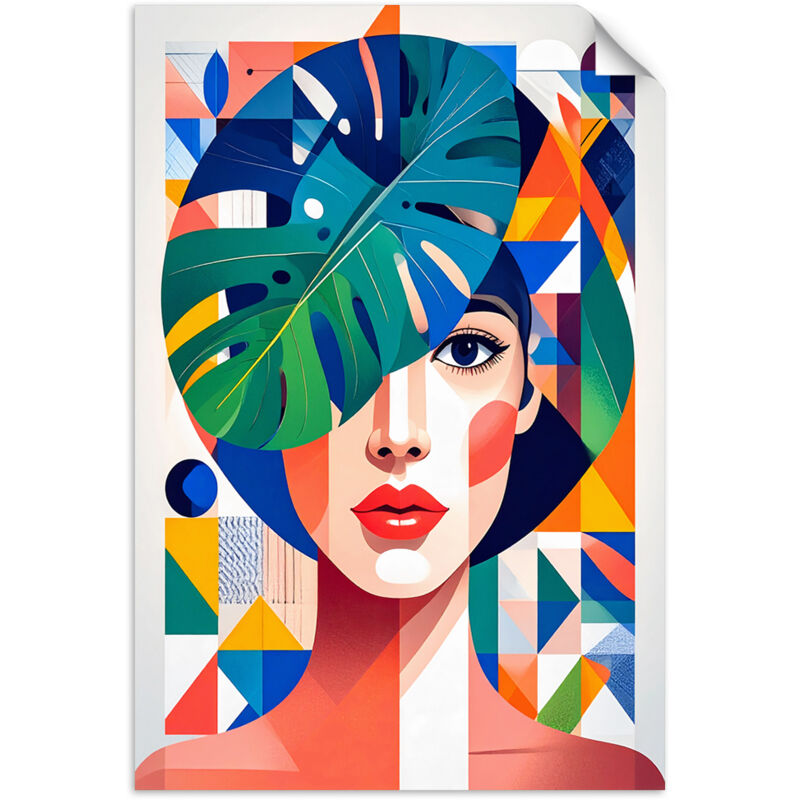 Selbstklebendes Poster – Wandsticker Frau mit Monstera-Blättern im Bauhaus-Stil 20x30 cm