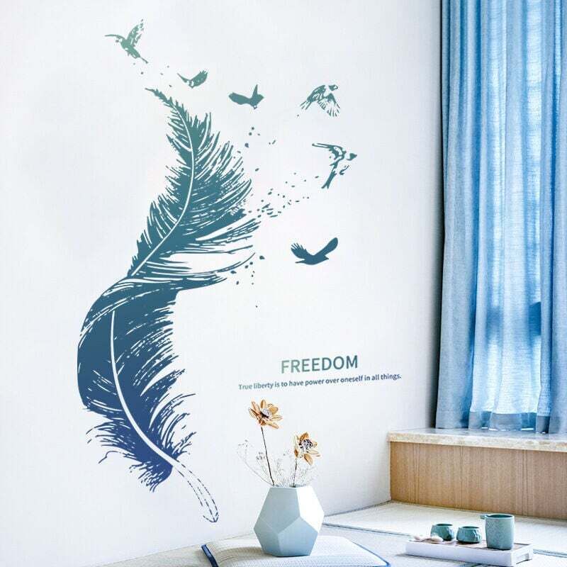 Wandtattoo mit blauer Feder (3090 cm) – Vogel-Wandtattoo für Wohnzimmer, Schlafzimmer, Küche, Flur