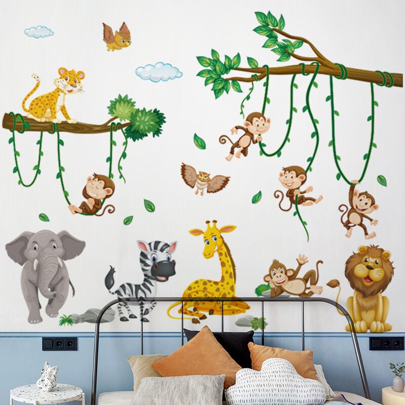 Jalleria - Wandtattoos für Kinder Tiere Wald Äste Wandaufkleber Tiger Hirsch Elefant Blätter Wanddeko Baby Kinderzimmer