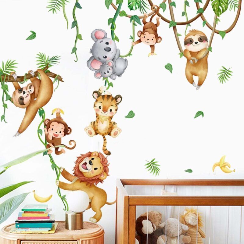 Wandtattoos mit Dschungeltieren: Koala, Löwe, Affe, Faultier, Lianen. Wanddekoration für Kinderzimmer, Babyzimmer, Kinderzimmer und Wohnzimmer.
