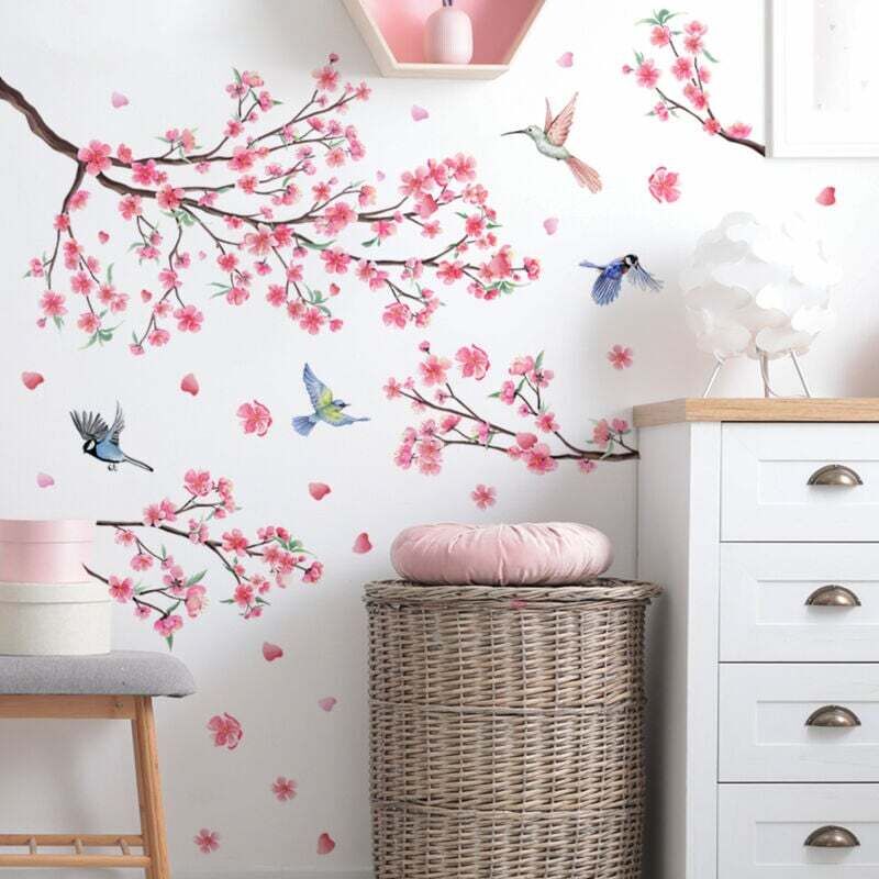 Wandtattoos mit rosa Kirschblüten, floralen Motiven, Zweigen, Ranken und Vögeln – ideal für Schlafzimmer, Wohnzimmer und Fenster.