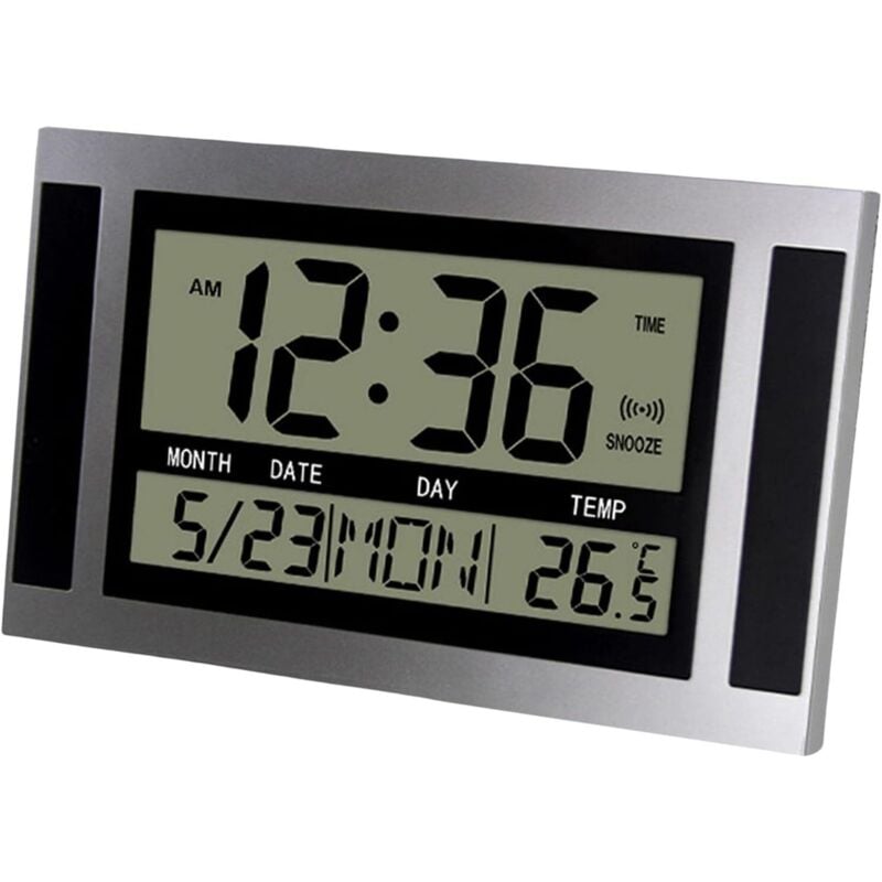Wanduhr Digital LCD Große Zahlen Zeit Temperatur Kalender Wecker Tischuhr Modernes Büro Design Büro Silber