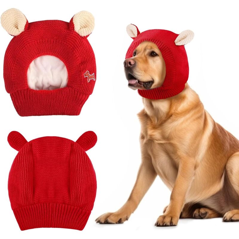 Warme Hundemütze, Wintermütze für Hunde, Strickmütze für Hunde, rote Strickmütze für Haustiere, warme Hunde-Sturmhaube, geräuschdämpfend, warm für
