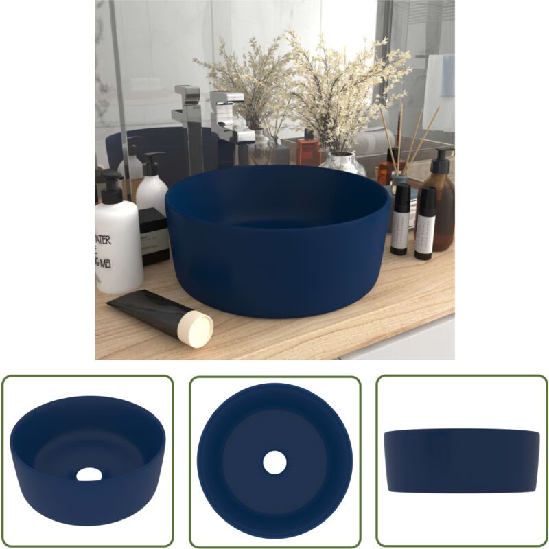 Jinlefu - The Living Store Luxuriöses Waschbecken Rund Matt Dunkelblau 40x15 cm Keramik - Runde Waschbecken - Keramikwaschbecken - Luxus-Waschbecken