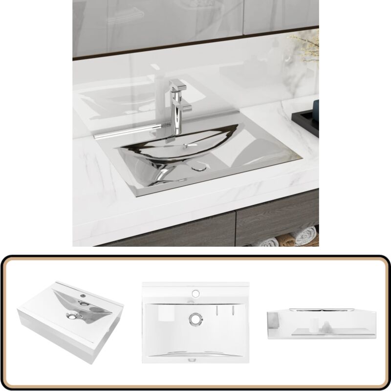 Waschbecken mit Überlauf 60x46x16 cm Keramik Silbern - Waschbecken - Keramik Waschbecken - Spülbecken - Badezimmer Waschbecken - Edelstahl Waschbecken