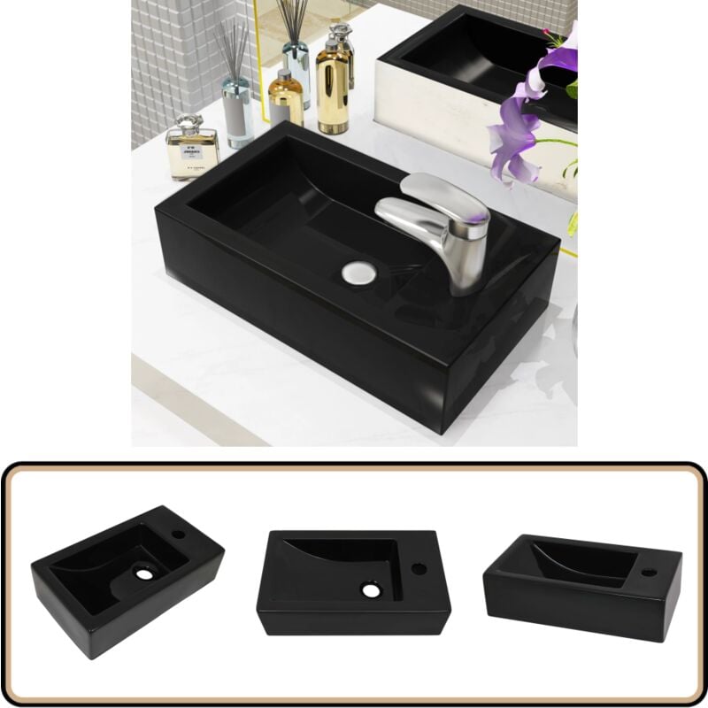 Waschbecken Rechteckig + Hahnloch Keramik Schwarz 46x25,5x12 cm - Waschbecken - Keramikwaschbecken - Schwarzes Waschbecken - Rechteckiges Waschbecken