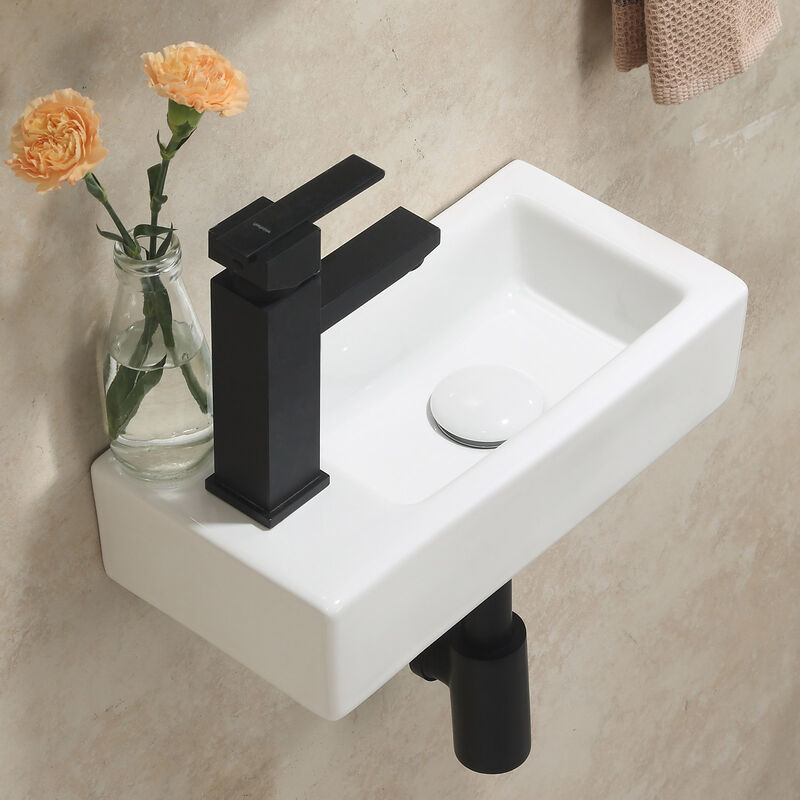 Horow - Waschbecken, Waschbecken Klein, Waschtisch Gäste wc, Hängewaschbecken Bad, Mini Waschbecken Keramik, Hahnloch Links