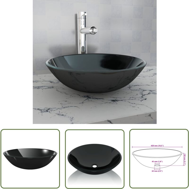 Doc&et² - The Living Store Waschbecken Hartglas 42 cm schwarz - Schwarzes Waschbecken - Hartglas Waschbecken - Aufsatzwaschbecken - Einbauwaschbecken