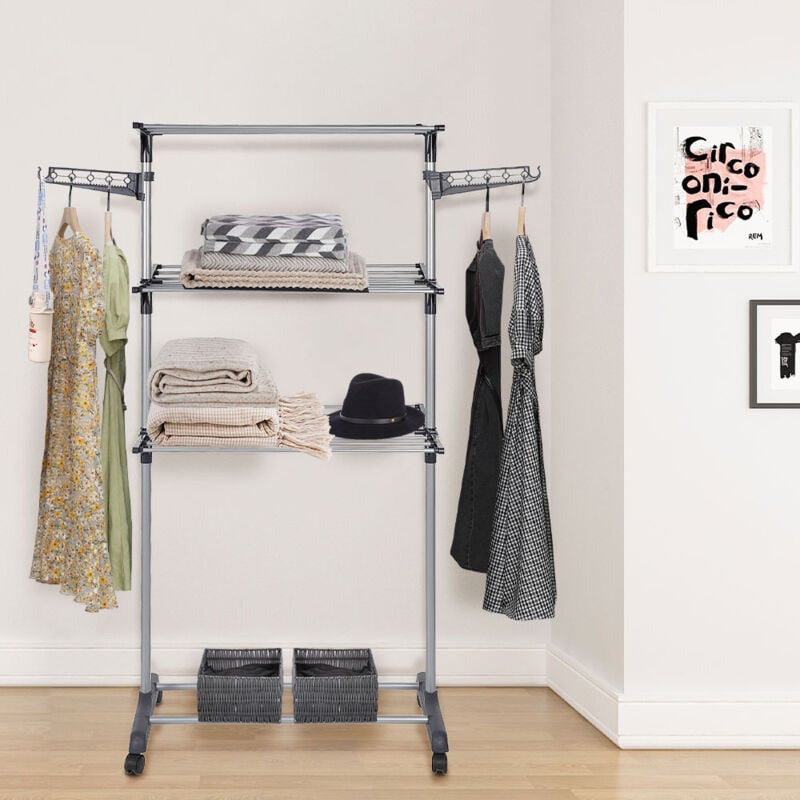 Wäscheturm mit Rollen Multifunktional 3 etagen Wäscheständer, Wäscheständer platzsparend mit Flügel für Innen- und Außenbereich, grau