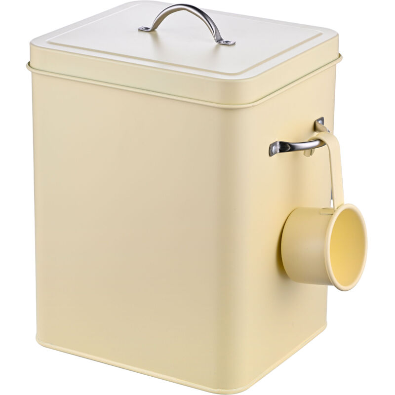 Relaxdays Waschmittelbox 6L, Metall, Waschpulverdose mit Dosierlöffel, Retro-Design, Tierfutterbehälter Deckel, beige