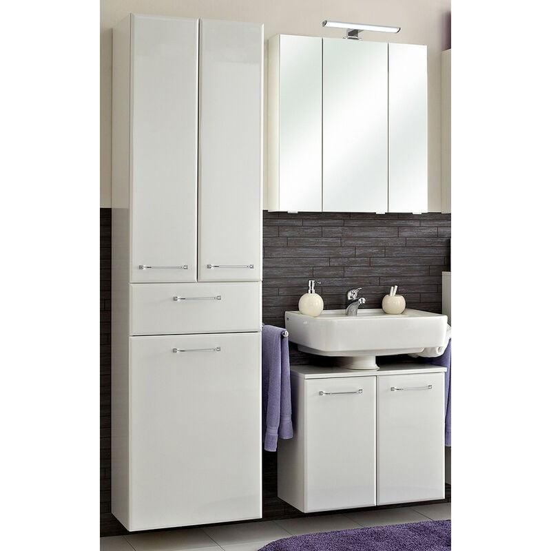 Lomadox - Waschplatz und Hochschrank mit Wäschekippe QUEBEC-66 in weiß Hochglanz, b/h/t: ca. 130/200/33 cm