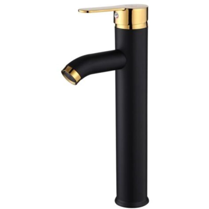 Waschtisch-Armatur für heißes und kaltes Wasser, Waschbecken-Armatur, schwarz-goldener hoher Einzelbogen