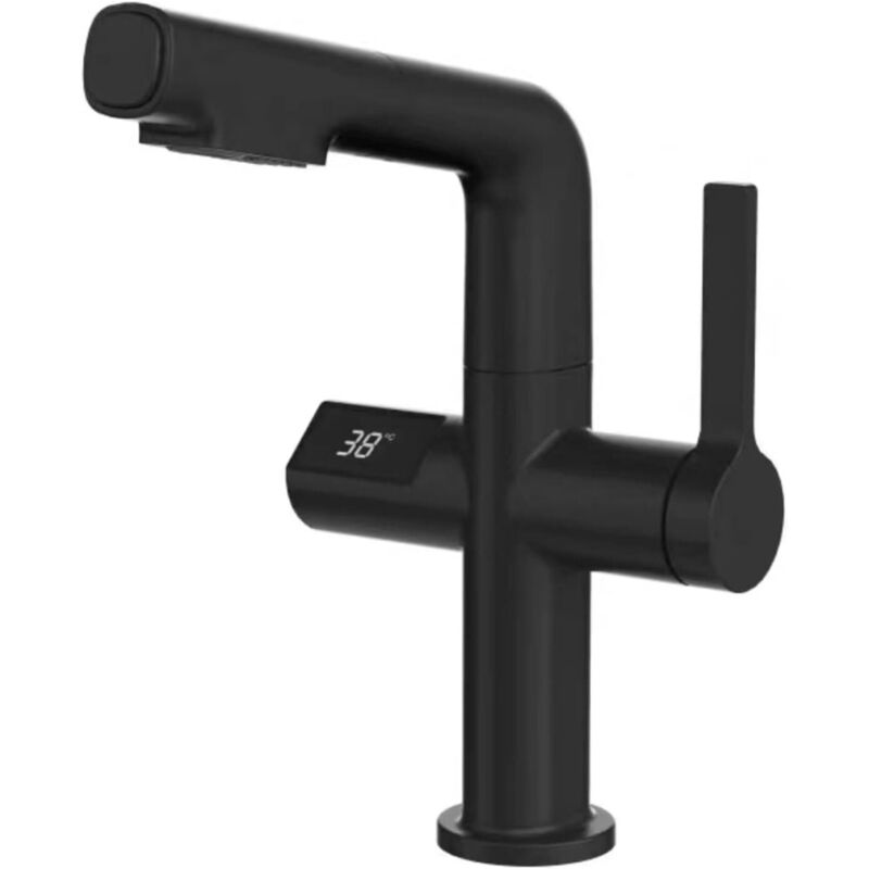 Waschtischarmatur, 360° drehbarer Badezimmer-Wasserhahn, Digitalanzeige, ausziehbarer Waschtischmischer, Badezimmer-Lift-Wasserhahn mit 2