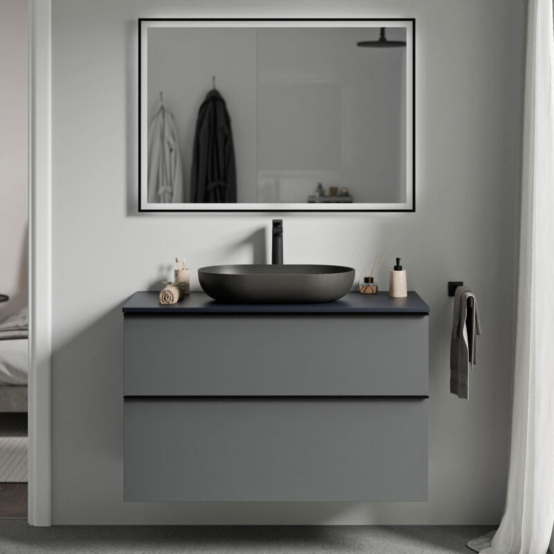 Badmöbel Unterschrank Bernstein lavoa 100cm Badmöbel: Anthrazit matt, Waschtischplatte: Mitternachtsblau matt, Metallgriff: Anthrazit matt