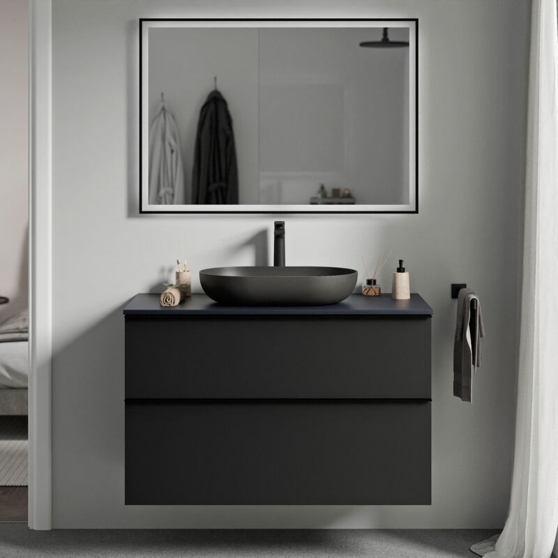 Badmöbel Unterschrank Bernstein lavoa 100cm Badmöbel: Schwarz matt, Waschtischplatte: Mitternachtsblau matt, Metallgriff: Chrom