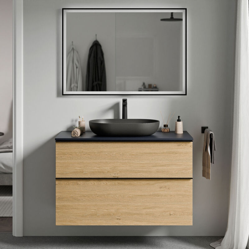 Badmöbel Unterschrank Bernstein lavoa 100cm Badmöbel: Eiche Honiggold, Waschtischplatte: Mitternachtsblau matt, Metallgriff: Chrom