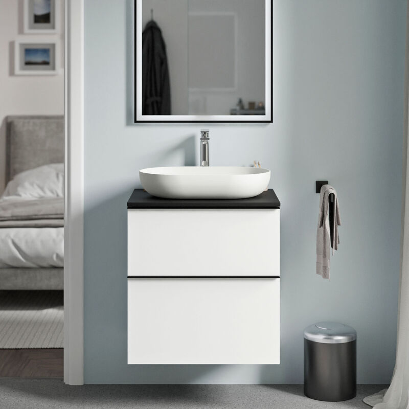 Badmöbel Unterschrank Bernstein lavoa 60cm Badmöbel: Weiß matt, Waschtischplatte: Schwarz matt, Metallgriff: Schwarz matt