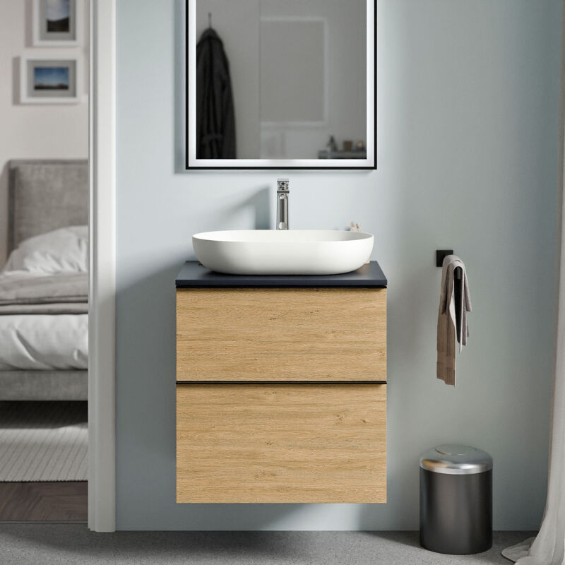 Badmöbel Unterschrank Bernstein lavoa 60cm Badmöbel: Eiche Honiggold, Waschtischplatte: Mitternachtsblau matt, Metallgriff: Anthrazit matt