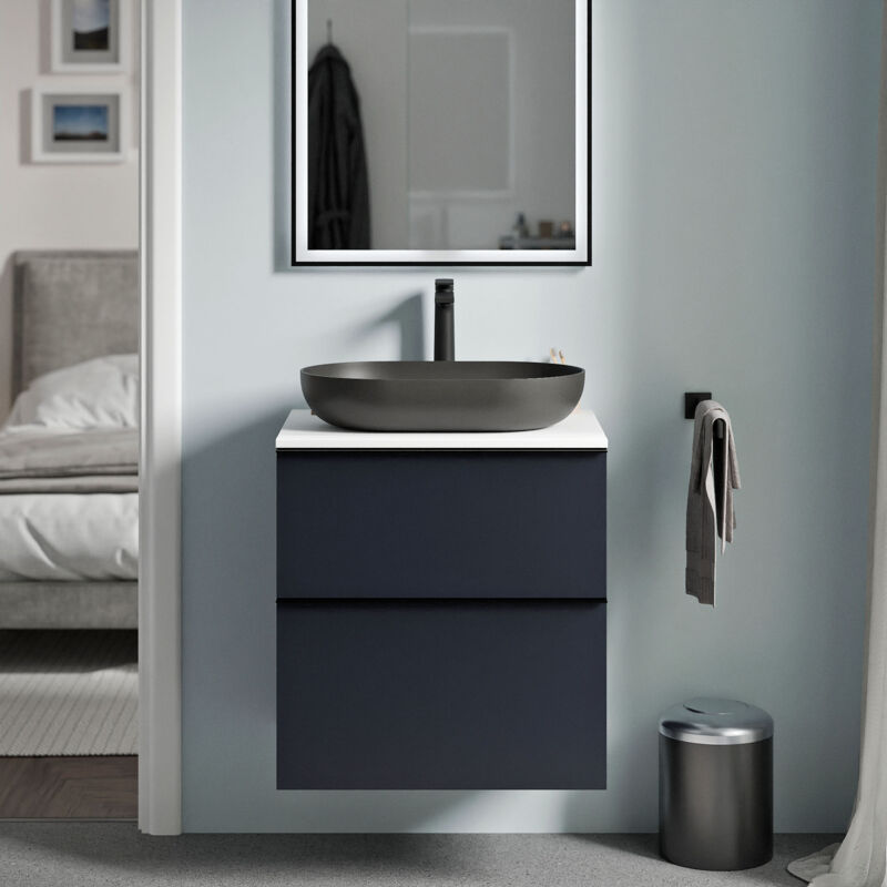 Badmöbel Unterschrank Bernstein lavoa 60cm Badmöbel: Mitternachtsblau matt, Waschtischplatte: Weiß matt, Metallgriff: Chrom