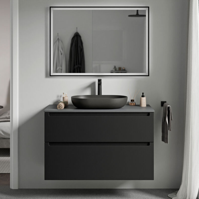 Badmöbel Unterschrank Bernstein vireo 100cm Badmöbel: Schwarz matt, Waschtischplatte: Anthrazit matt