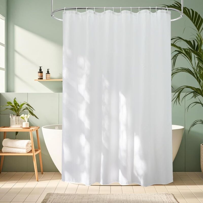 Wasserdichter Duschvorhang Anti-Schimmel 180x180 cm, Weißer Stoff Maschinenwaschbarer Duschvorhang für Badezimmer oder Badewanne mit 12 Haken