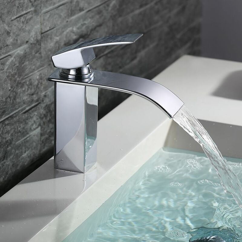 Mumu - Wasserfall-Badezimmer-Wasserhahn, Messing-Badezimmer-Wasserhahn, Waschbecken-Wasserhahn für Badezimmer, Chrom-Silber-Waschtisch-Mischbatterie