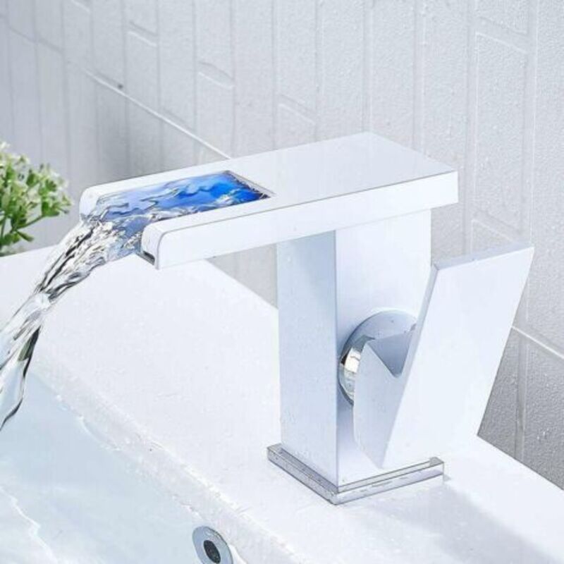 Wasserfall LED Badezimmer Armatur (Weiß) Wasserfall Warm Kalt Waschtisch Waschbecken Badezimmer Armatur