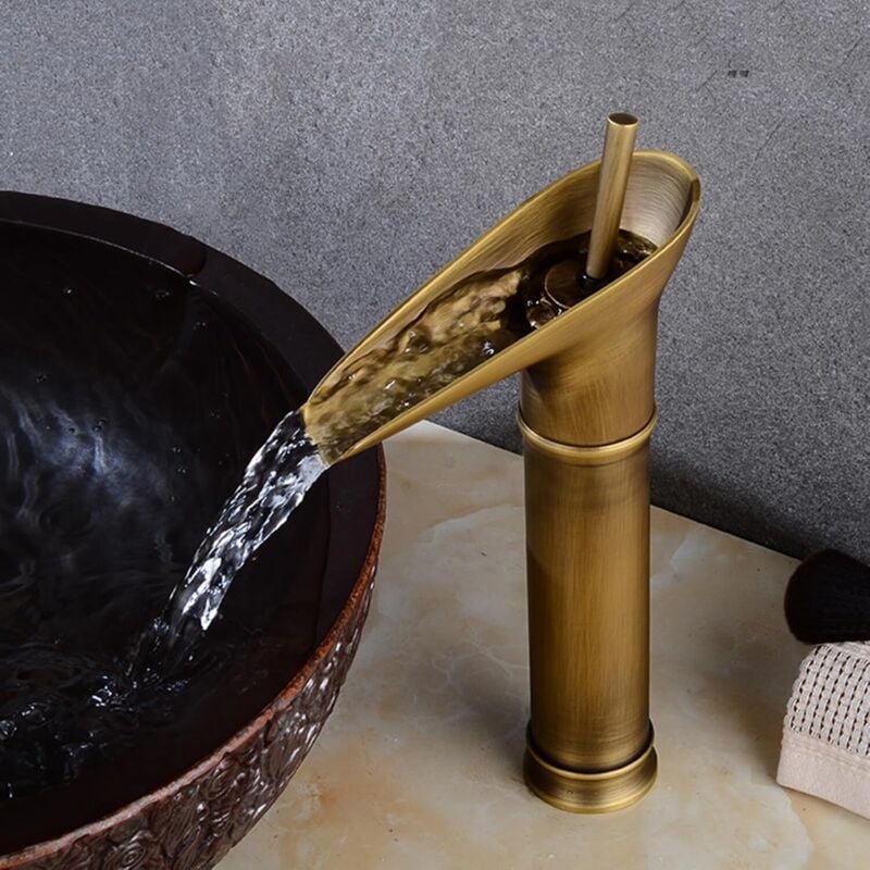 Wasserfall-Wasserhahn für Badezimmer, Vintage-Messing-Einloch-Wasserhahn mit heißem und kaltem Wasser, Einhebel-Wasserhahn mit Wasserfall, antikes