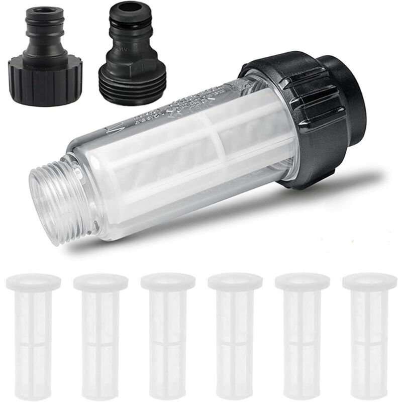 Wasserfilter Gartenschlauch, 3/4 Zoll Wasser Vorfilter Wasserfilter Set mit 5 Filtereinsatz & 2 Schnelladapter für Hochdruckreiniger Wohnmobil