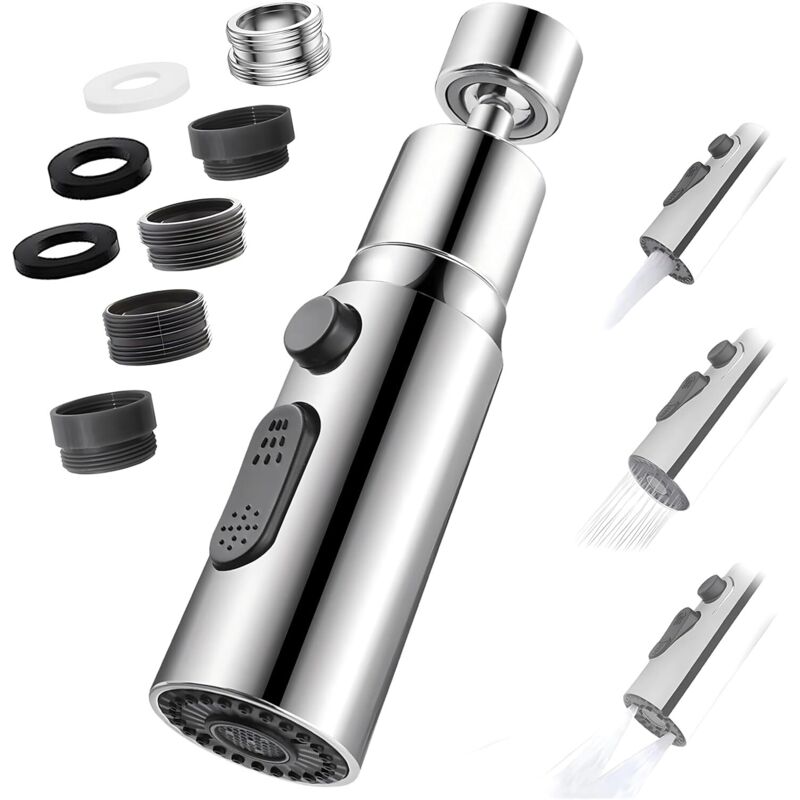 Wasserhahn Aufsatz Schwenkbar, 360° Drehbarer mit 3 Modi Multifunktionaler Wasserhähn Luftsprudler, Wasserhahn Verlängerung mit 2 Sprühfunktion,