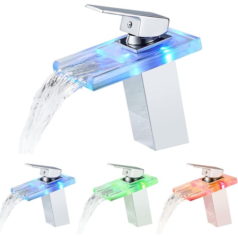 Wasserhahn Bad, led Lichter Wasserhahn, Einhandmischer Wasserfall Wasserhahn, Kaltes und Heißes Wasser Waschtischarmatur, Messing Verchromt