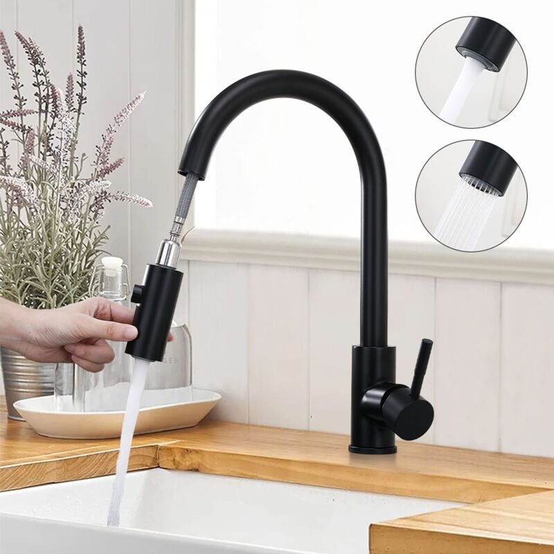 Wasserhahn Küche Schwarz Hochdruck Küchenarmatur Ausziehbar 360° Drehbar, Mischbatterie Küche Wasserhahn Ausziehbar mit 2 Modus, Armatur Küche