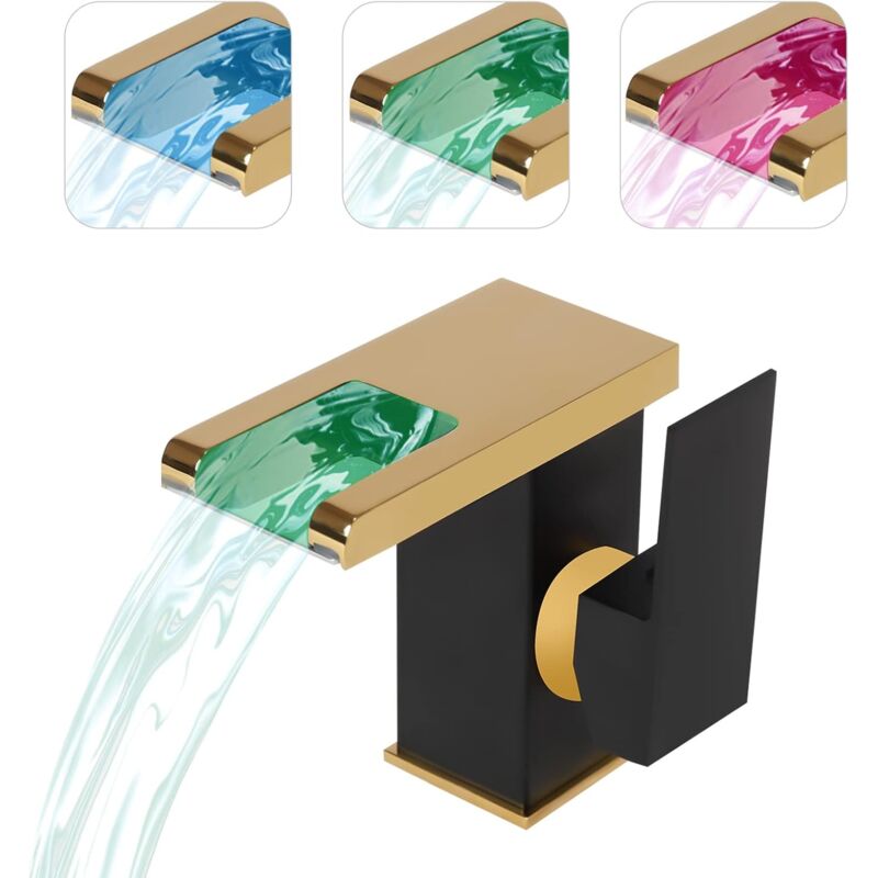 Wasserhahn mit Licht Bad, LED Wasserfall Badezimmer Wasserhahn Schwarz&Gold Led Licht 3 Farben Ändern Auslauf Waschtischarmatur für Badezimmer,