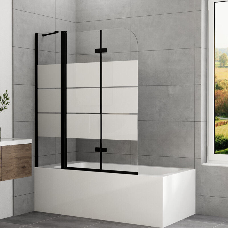 WDWRITTI Schwarz 160x140cm Badewannenaufsatz 3-teilig faltbar Gestreift Duschwand für Badewanne mit festem segment 6mm ESG Glas Duschwand Badewanne