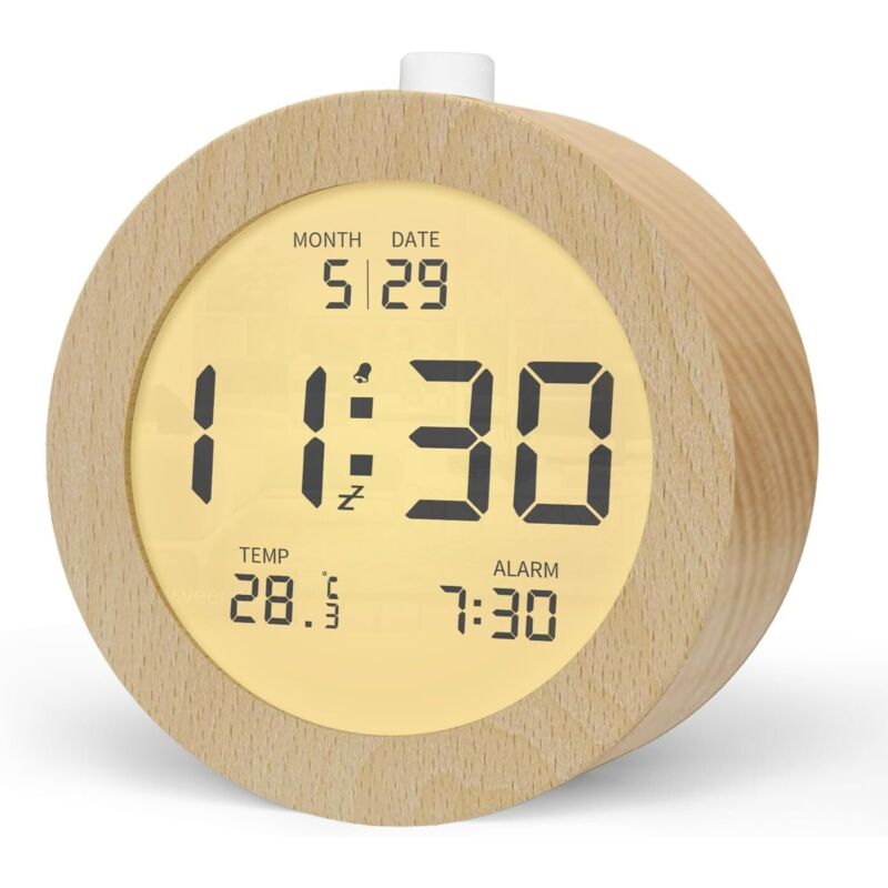 Wecker Digital, Batteriebetriebene Uhr Tischuhr, LCD Alarm Clock Wecker Holz mit Temperaturanzeige, Snooze, Hintergrundbeleuchtung für Schlafzimmer