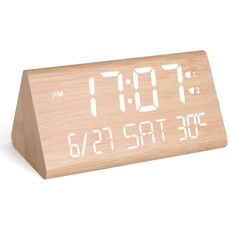 Wecker Digital Holz, Wecker Holz mit 2 Alarm/Datum/Wochentag/Temperaturanzeige, Einstellbare Helligkeit & Lautstärke, Wecker mit Stromanschluss und 2