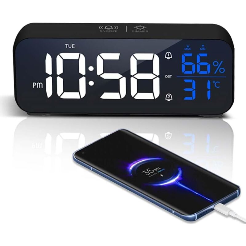Wecker, LED-Spiegel-Digitalwecker mit Schlummerfunktion, großer Bildschirm mit Temperaturanzeige, Wecker, USB-betriebener Lichtwecker, Wecker mit