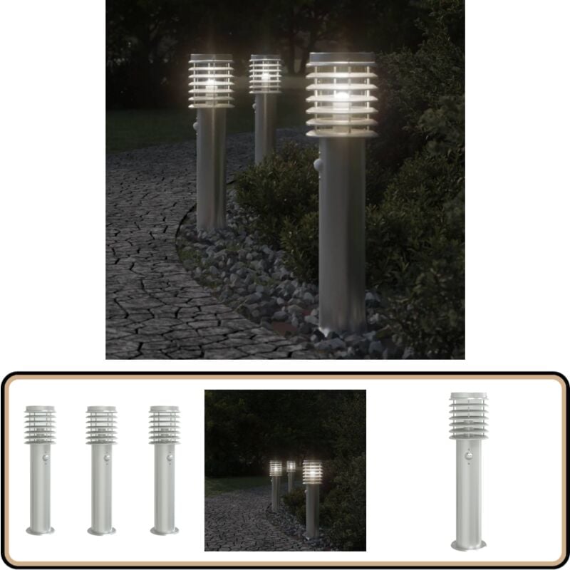 Wegeleuchten mit Bewegungsmelder 3 Stk. Silbern 60 cm Edelstahl - Outdoor-Beleuchtung - Gartenlampe - LED-Lampe - Bewegungsgesteuerte Beleuchtung