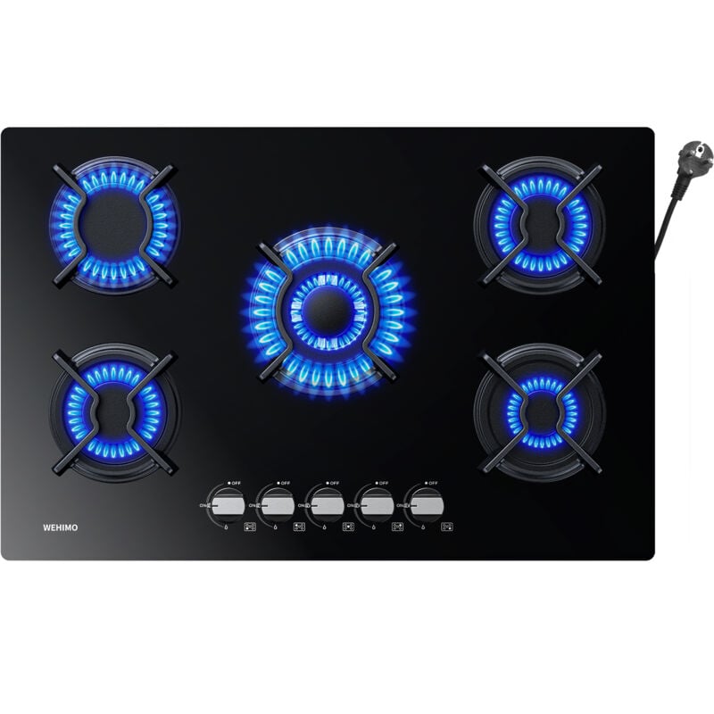 Wehimo Gaskochfeld 5 Flammen L77 x P51 cm, Glaskeramik Gasherd Einbauherd Erdgas Propangas